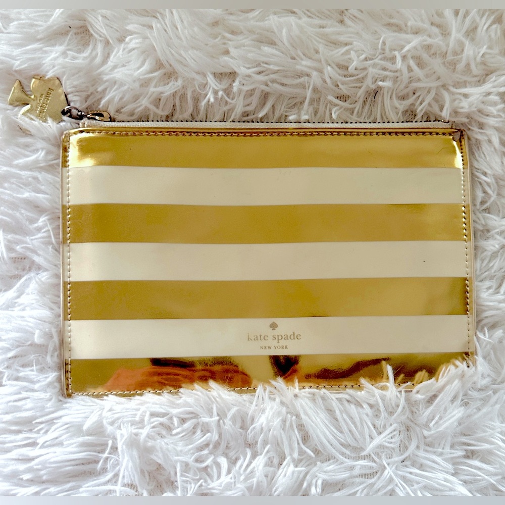 Kate Spade Pencil Pouch Cosmetic Bag Makeup Bag Gold & Ivory Cream Stripes